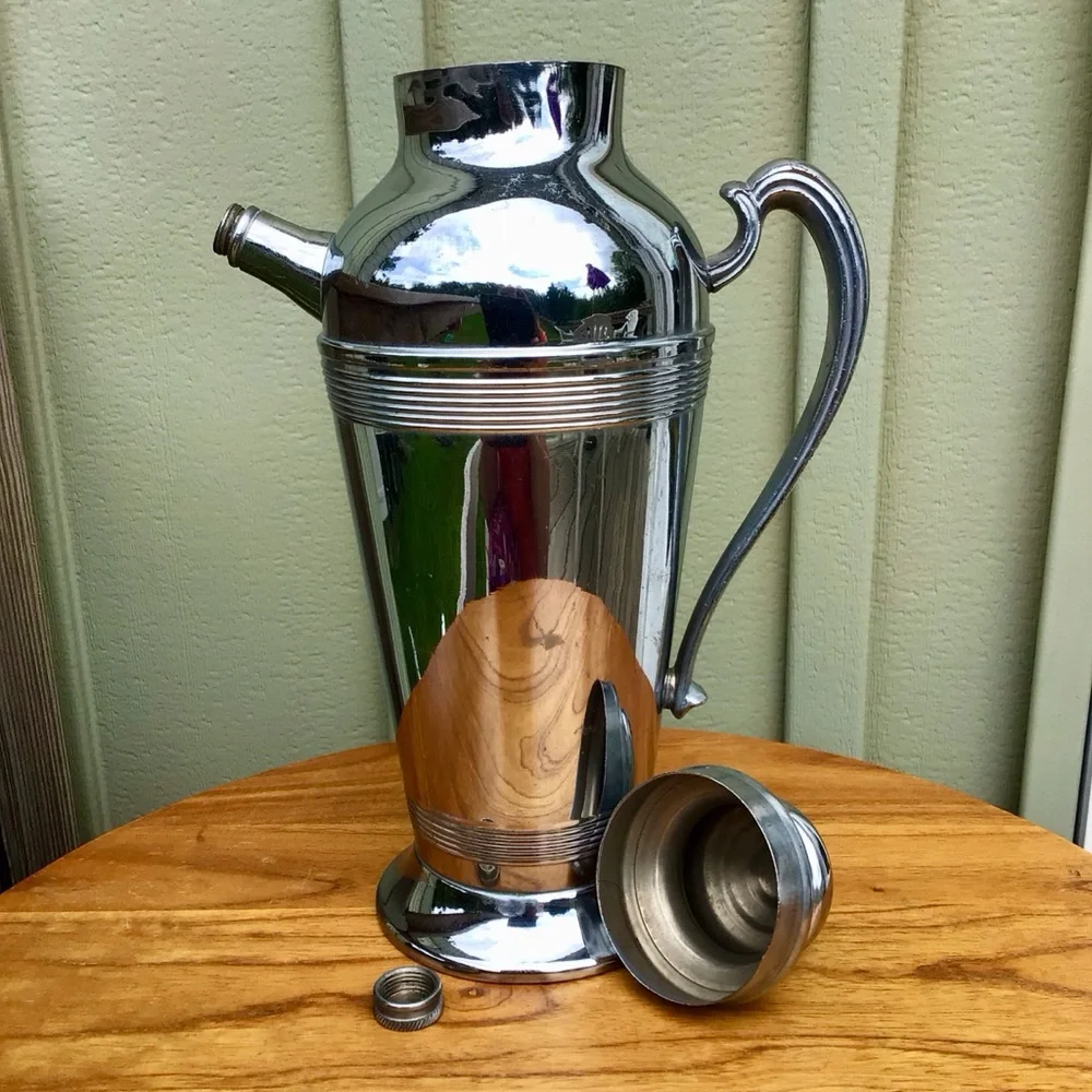 Vintage Stainless Chrome MCM Cocktail Shaker Pitcher with Goblets